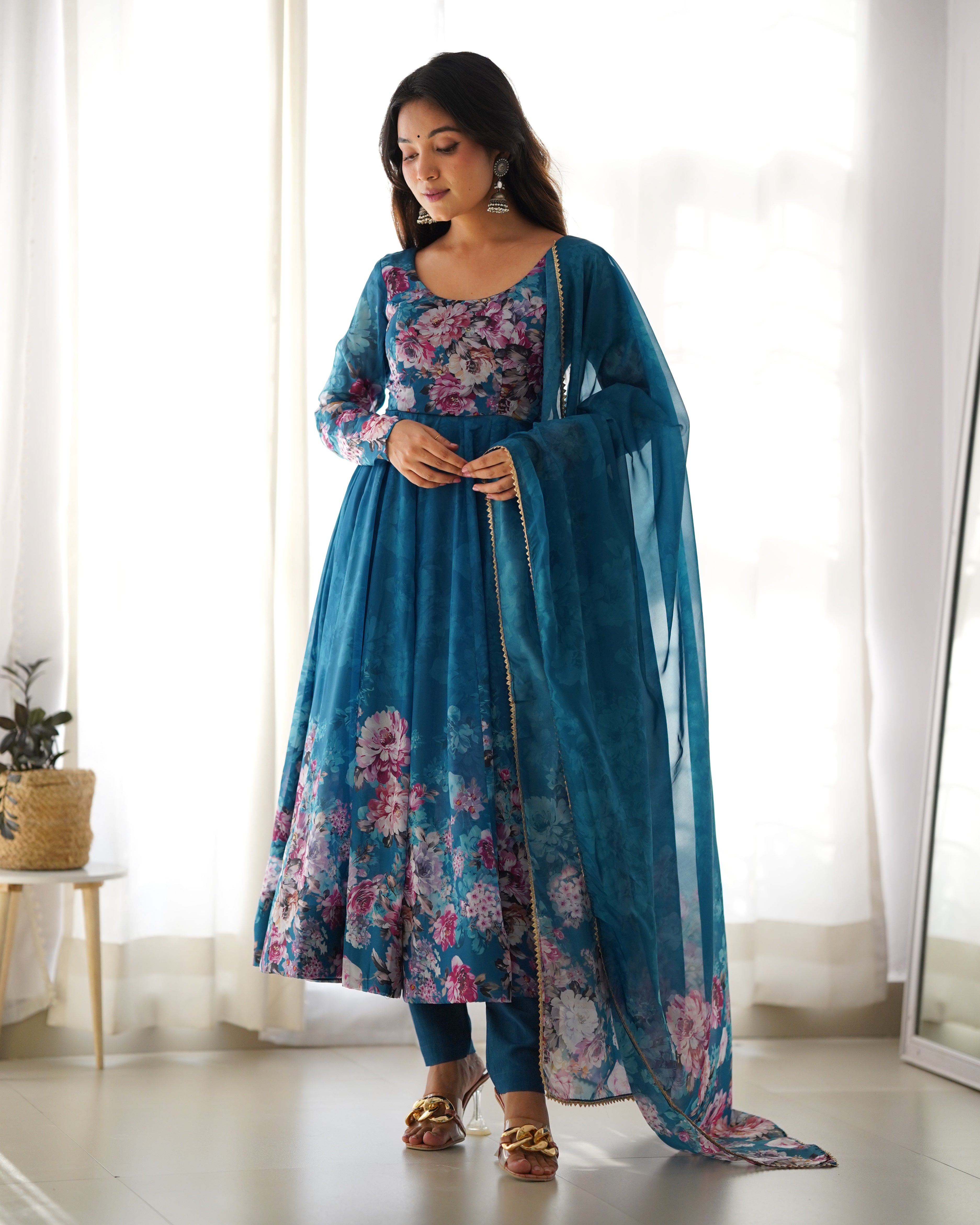 Blue Women Floral Print Anarkali Kurta Set