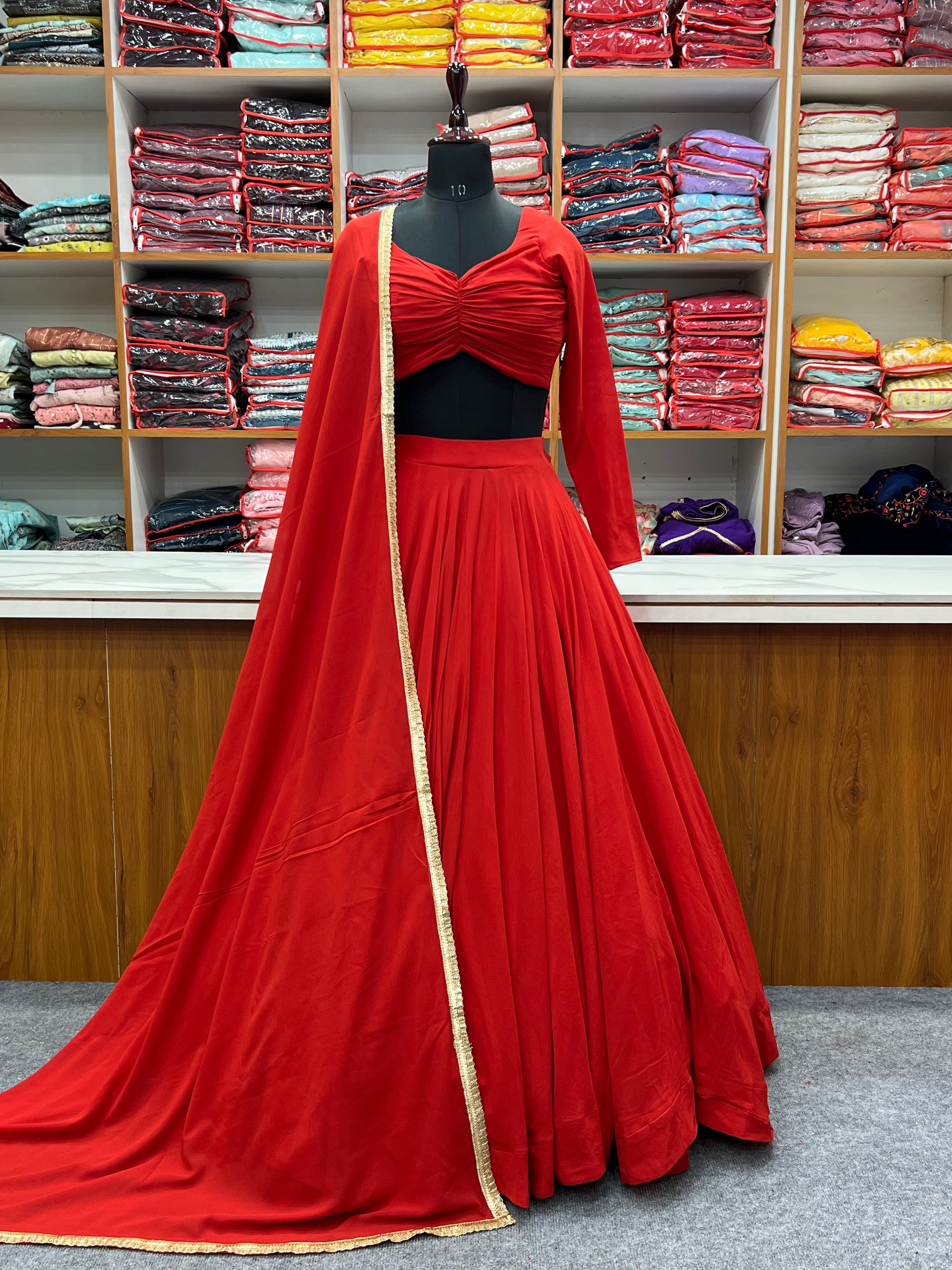 Red plain lehenga set with dupatta