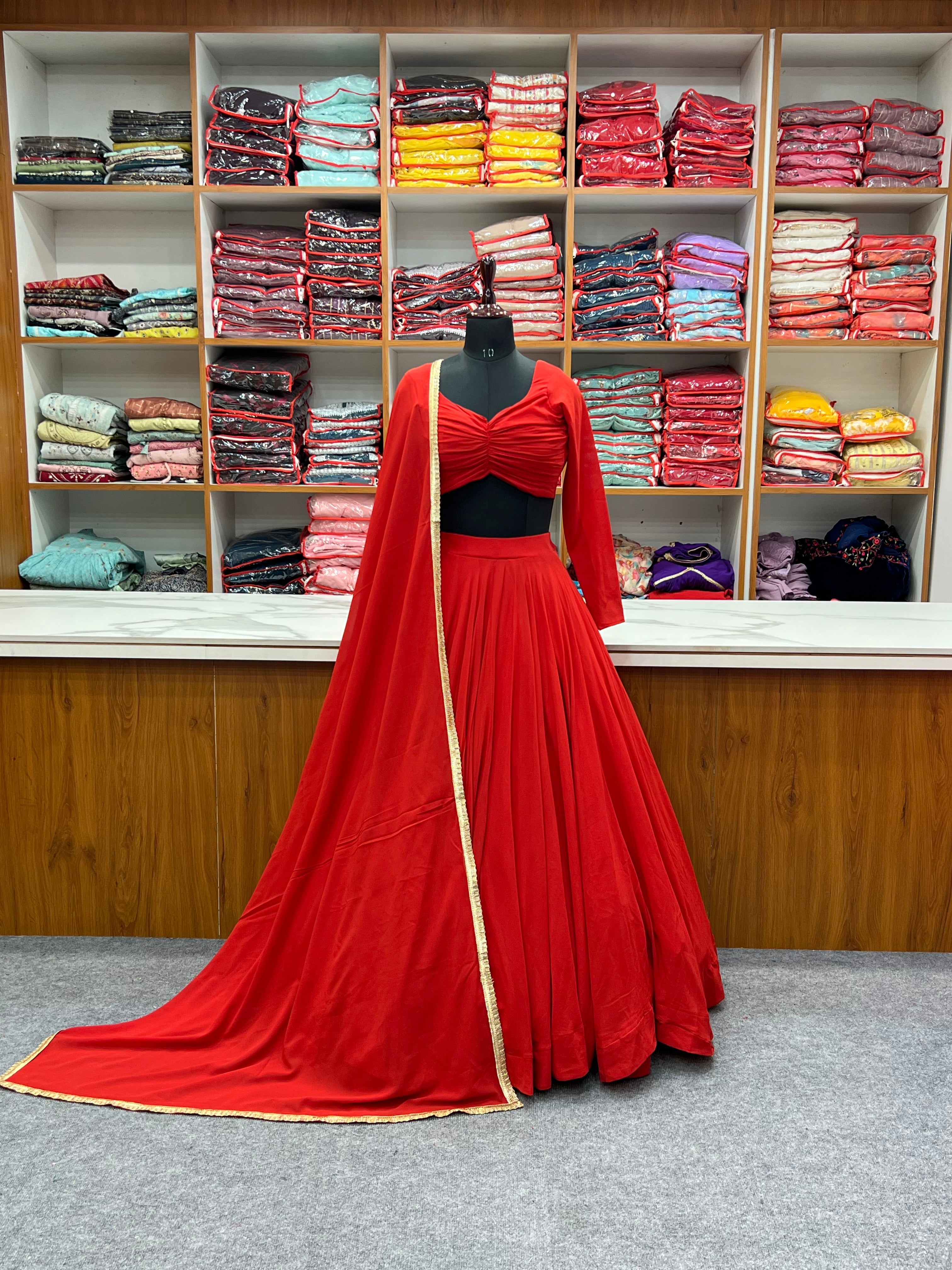 Red plain lehenga set with dupatta