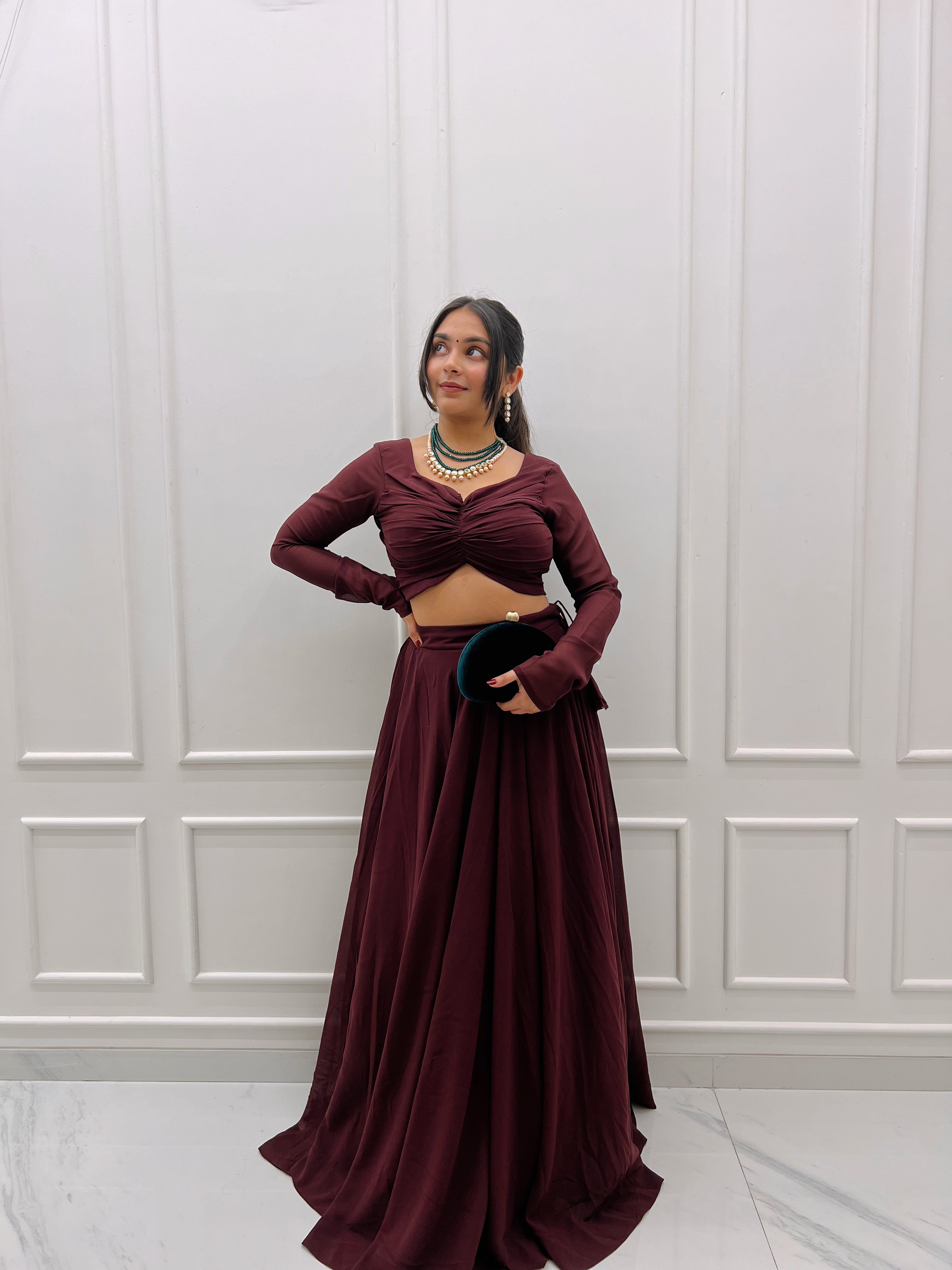 Wine plain lehenga set with dupatta
