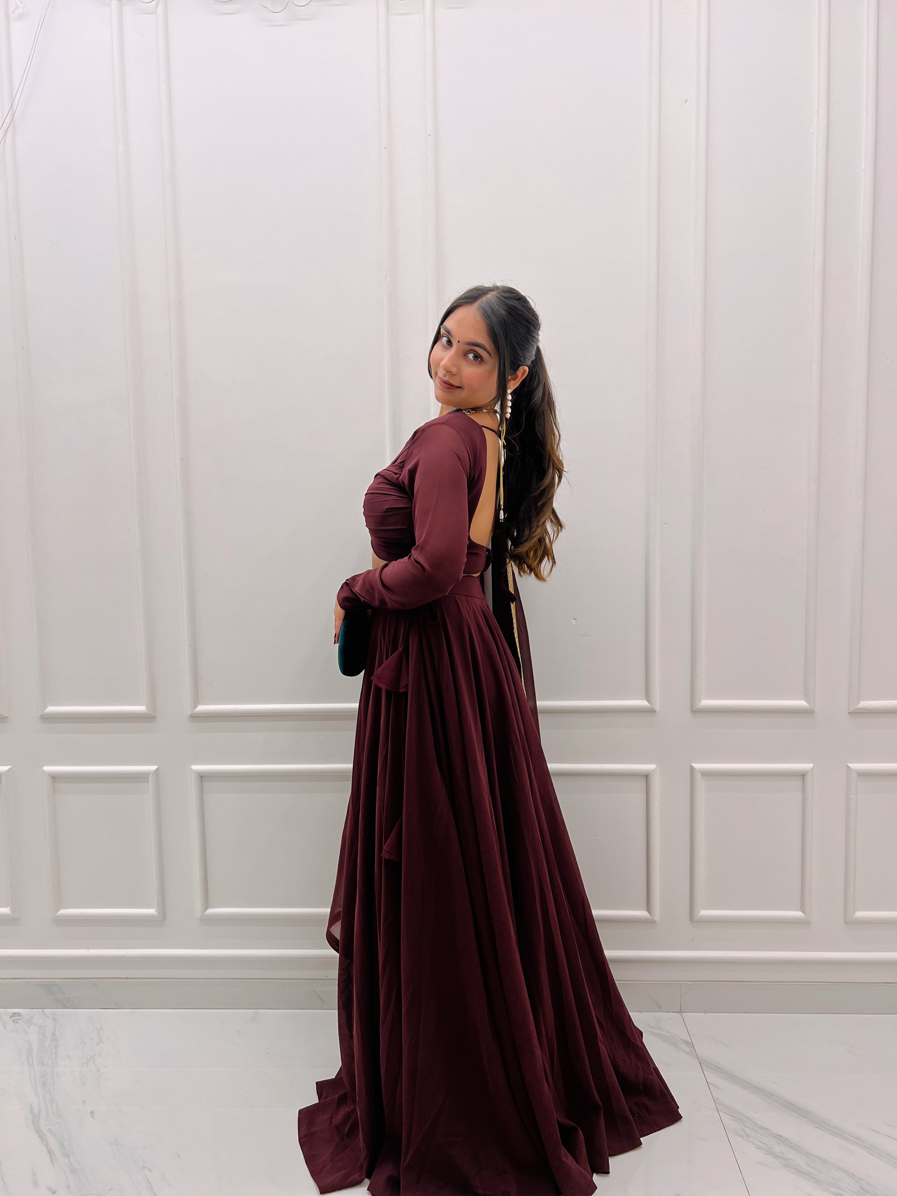 Wine plain lehenga set with dupatta