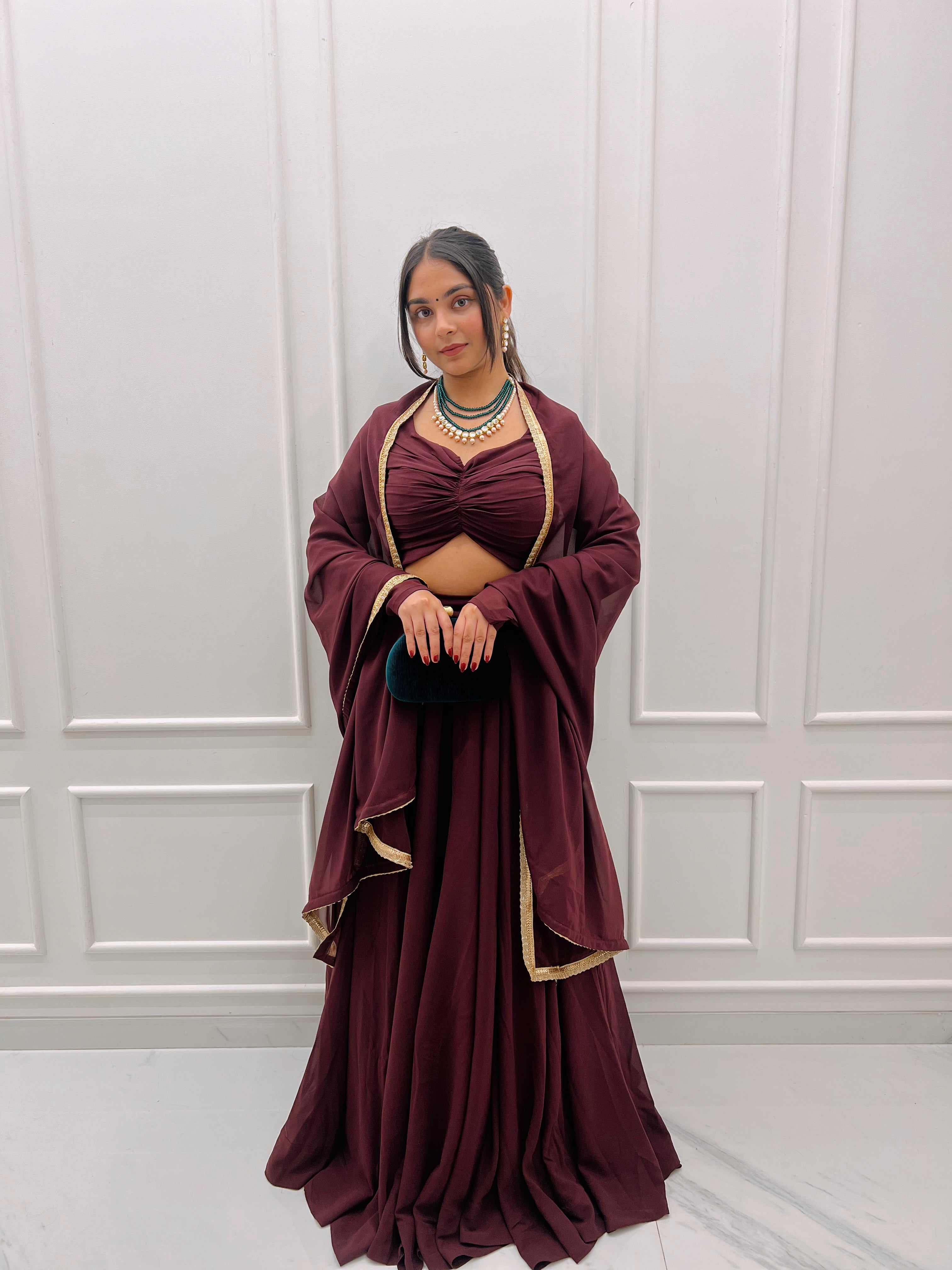 Wine plain lehenga set with dupatta