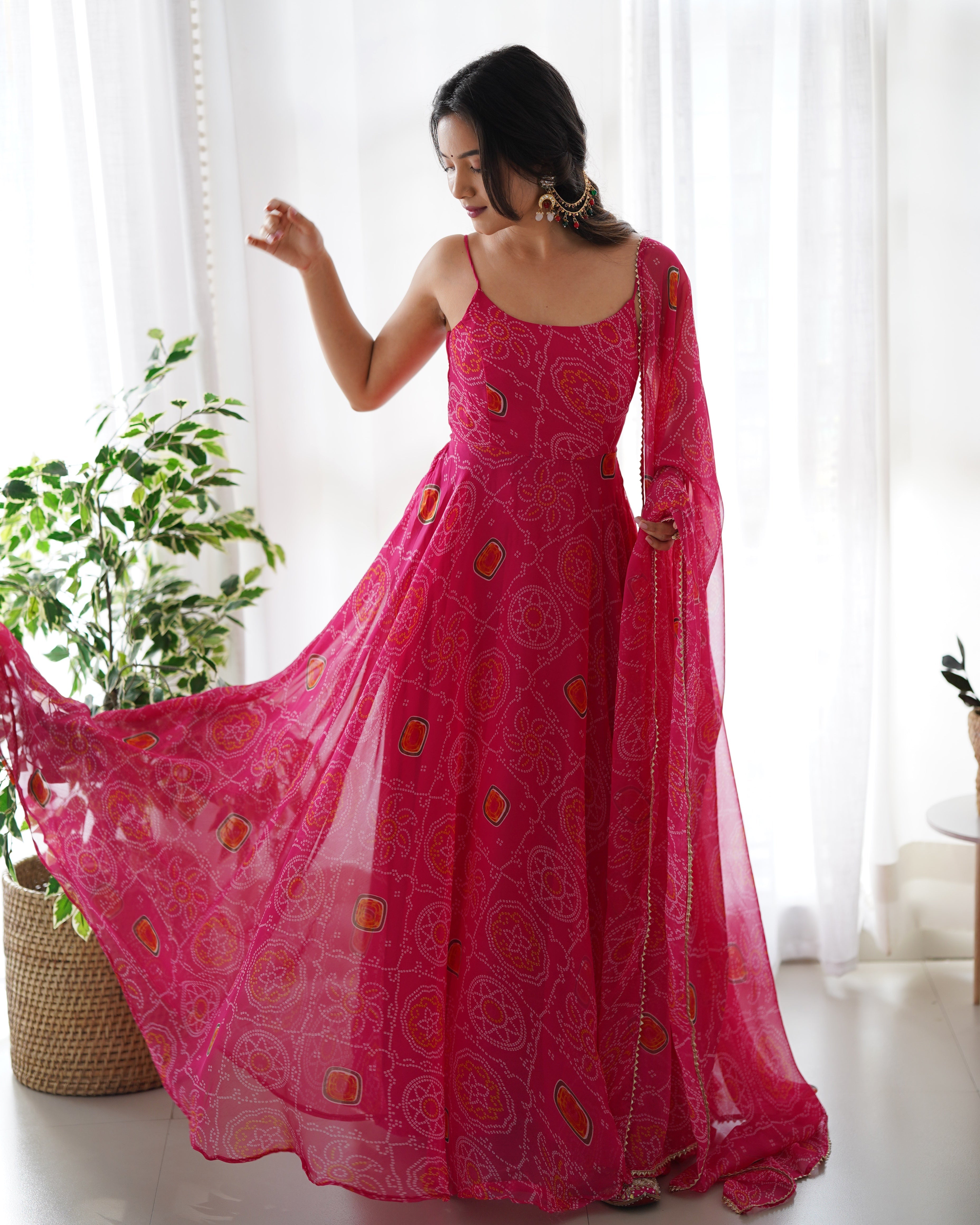 Pink Bandhani Printed Chiffon Gown for Festive Occasions