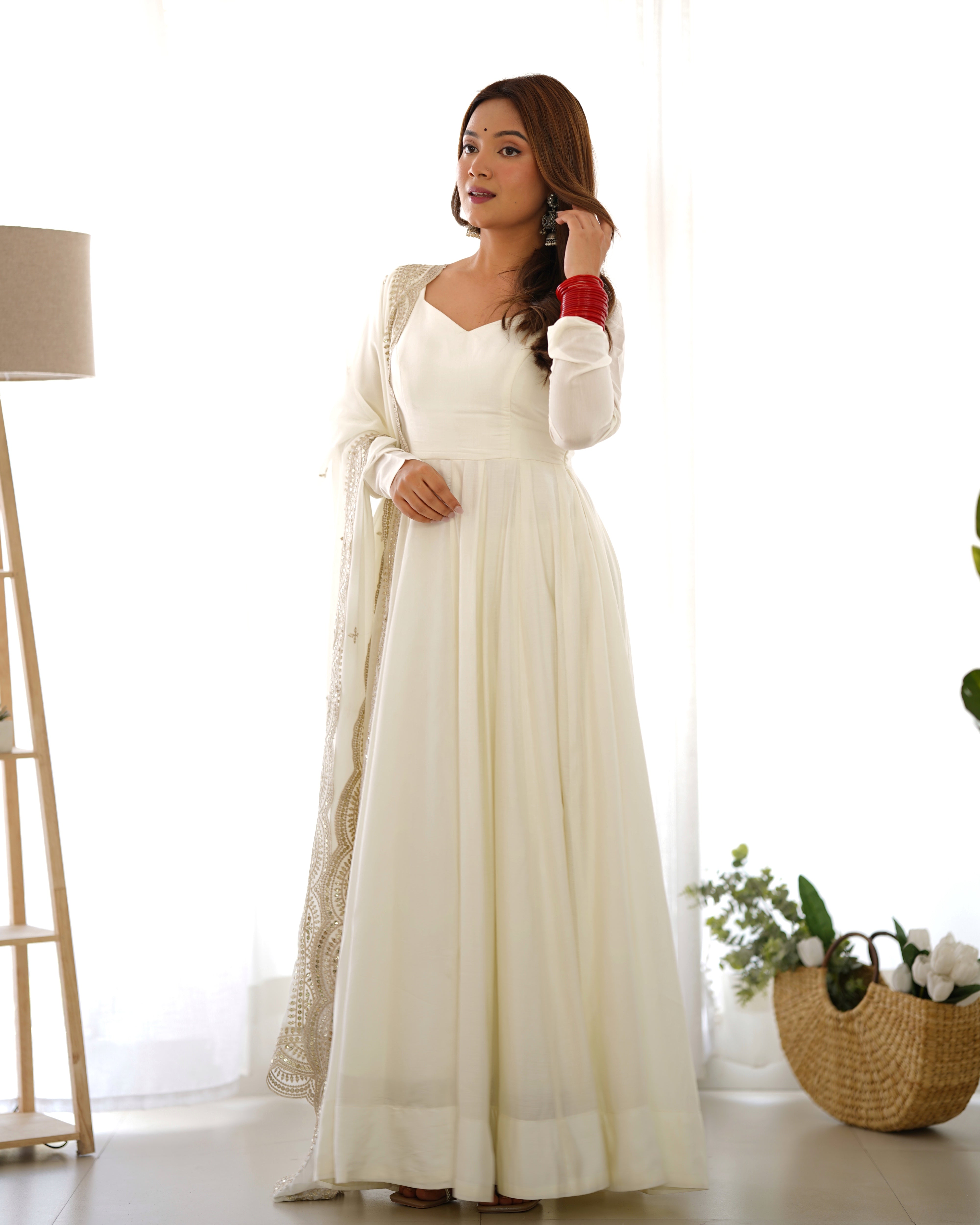 White Roman Silk Chanderi Anarkali with Dupatta & Stitched Pants