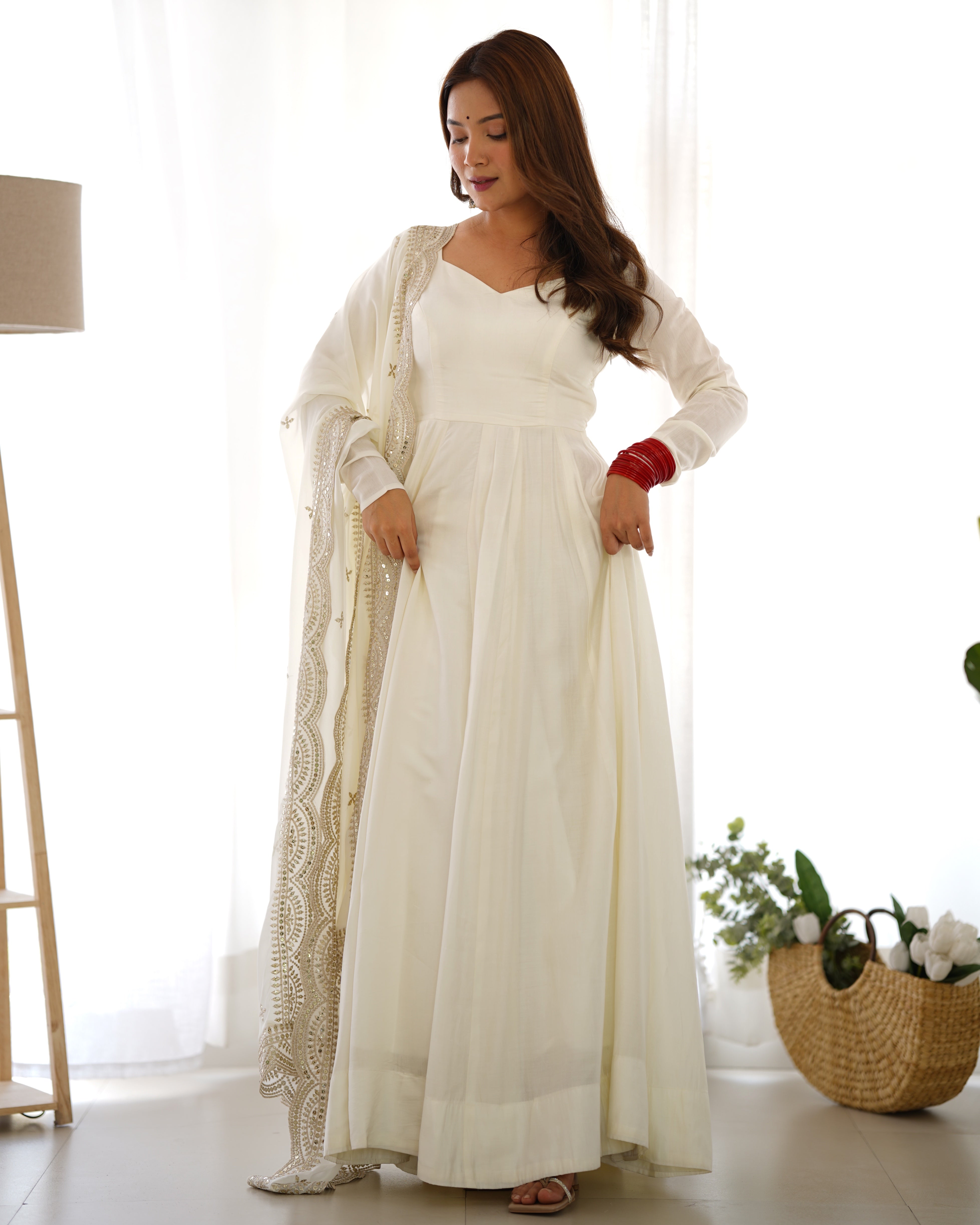 White Roman Silk Chanderi Anarkali with Dupatta & Stitched Pants