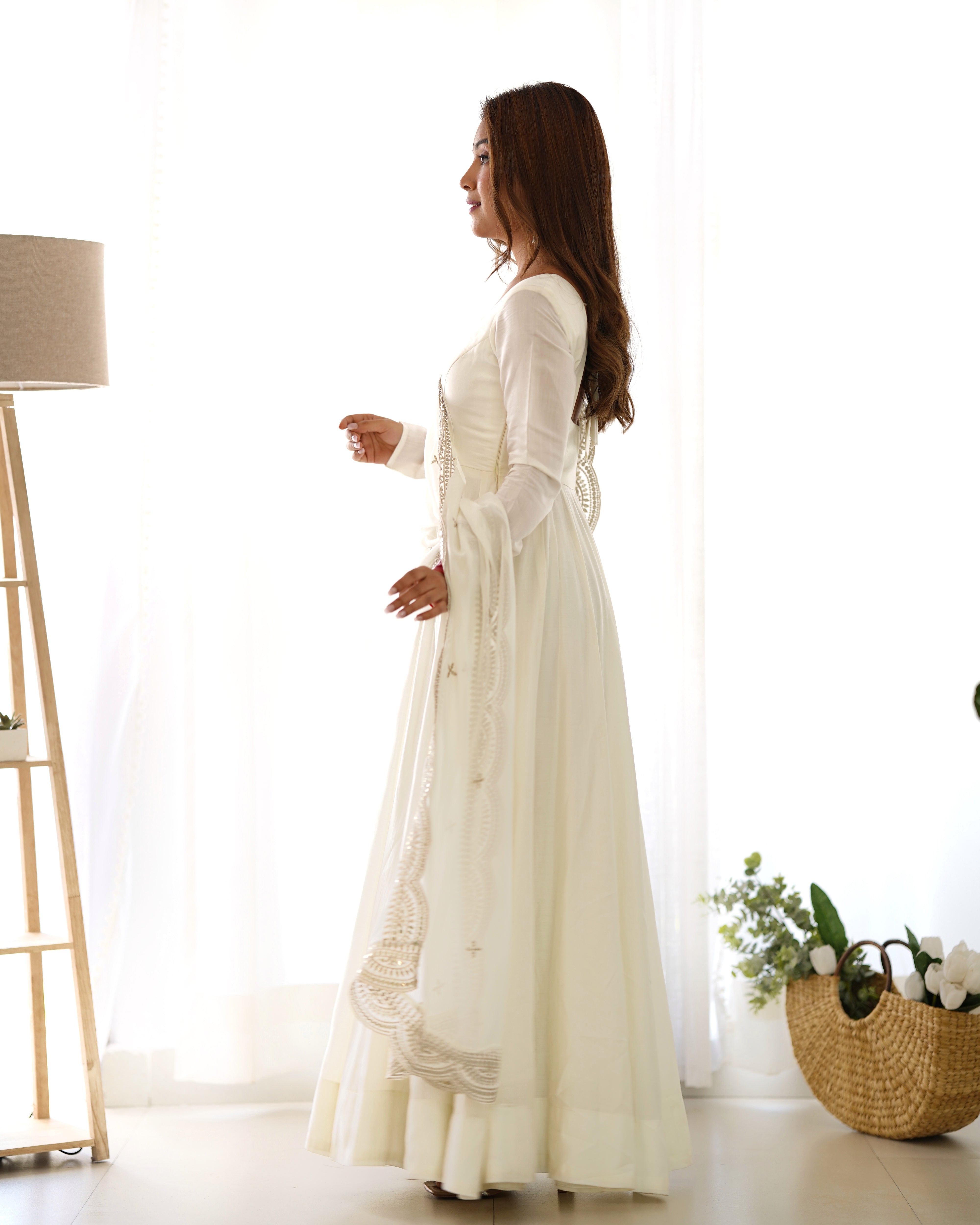 White Roman Silk Chanderi Anarkali with Dupatta & Stitched Pants