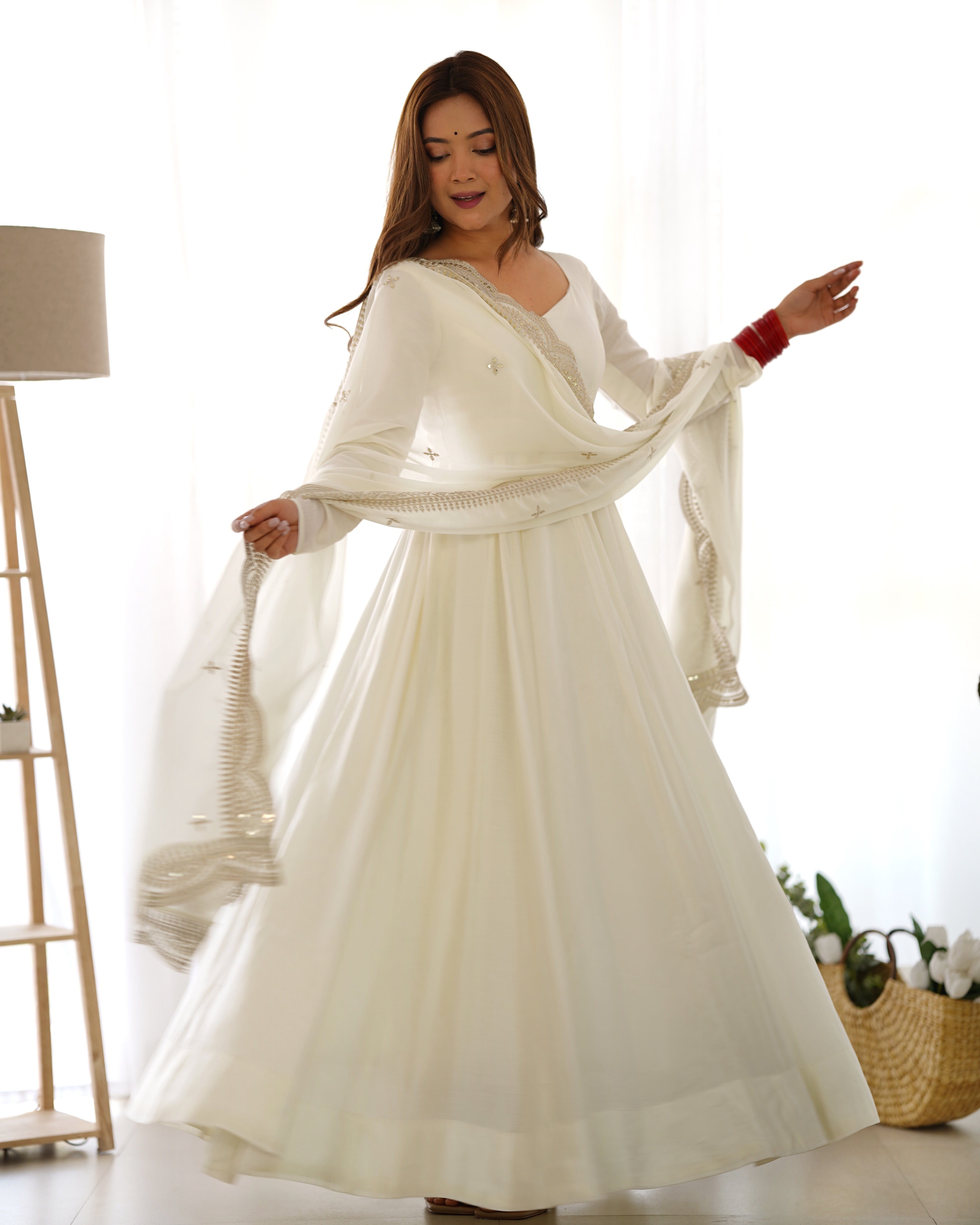 White Roman Silk Chanderi Anarkali with Dupatta & Stitched Pants