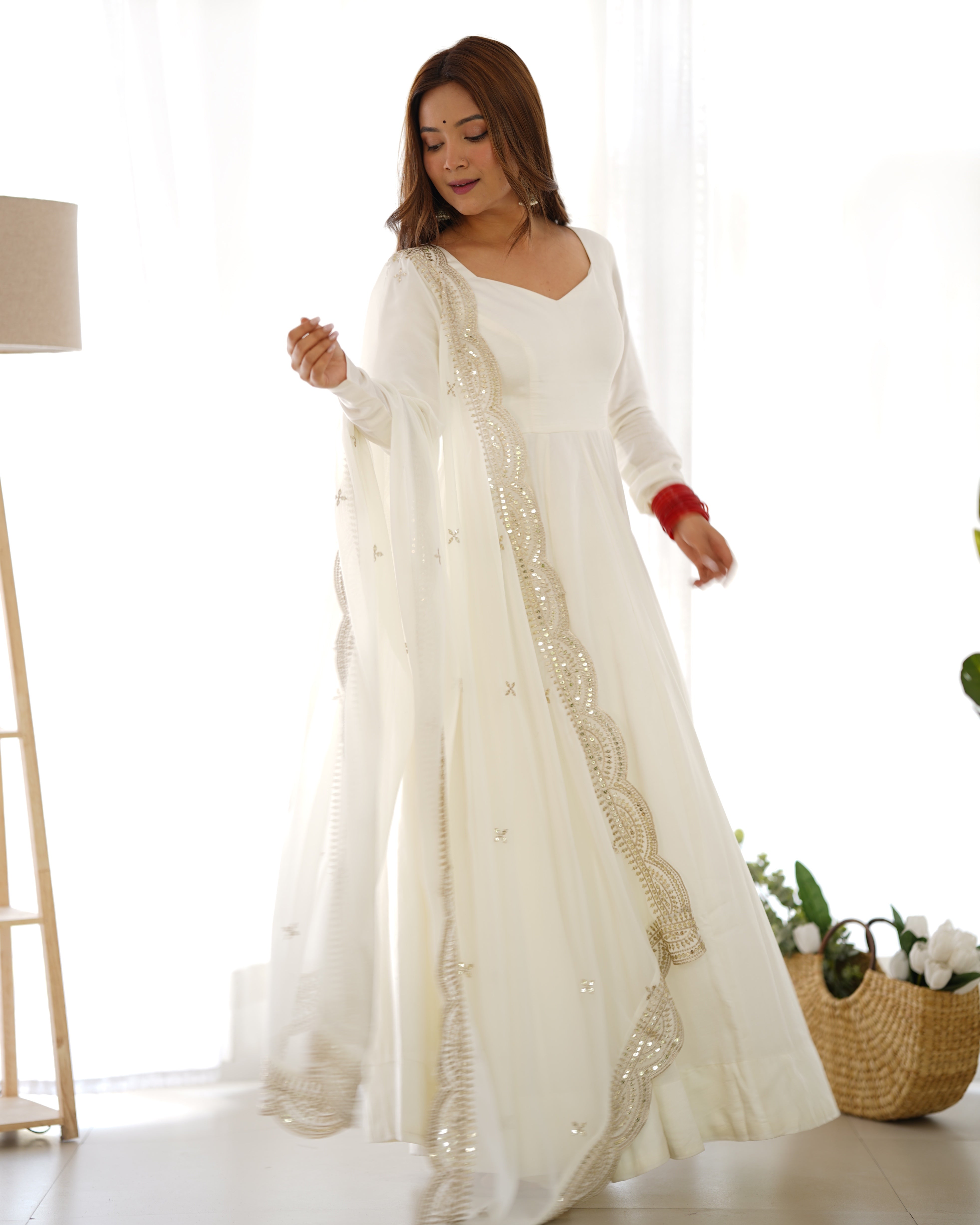 White Roman Silk Chanderi Anarkali with Dupatta & Stitched Pants