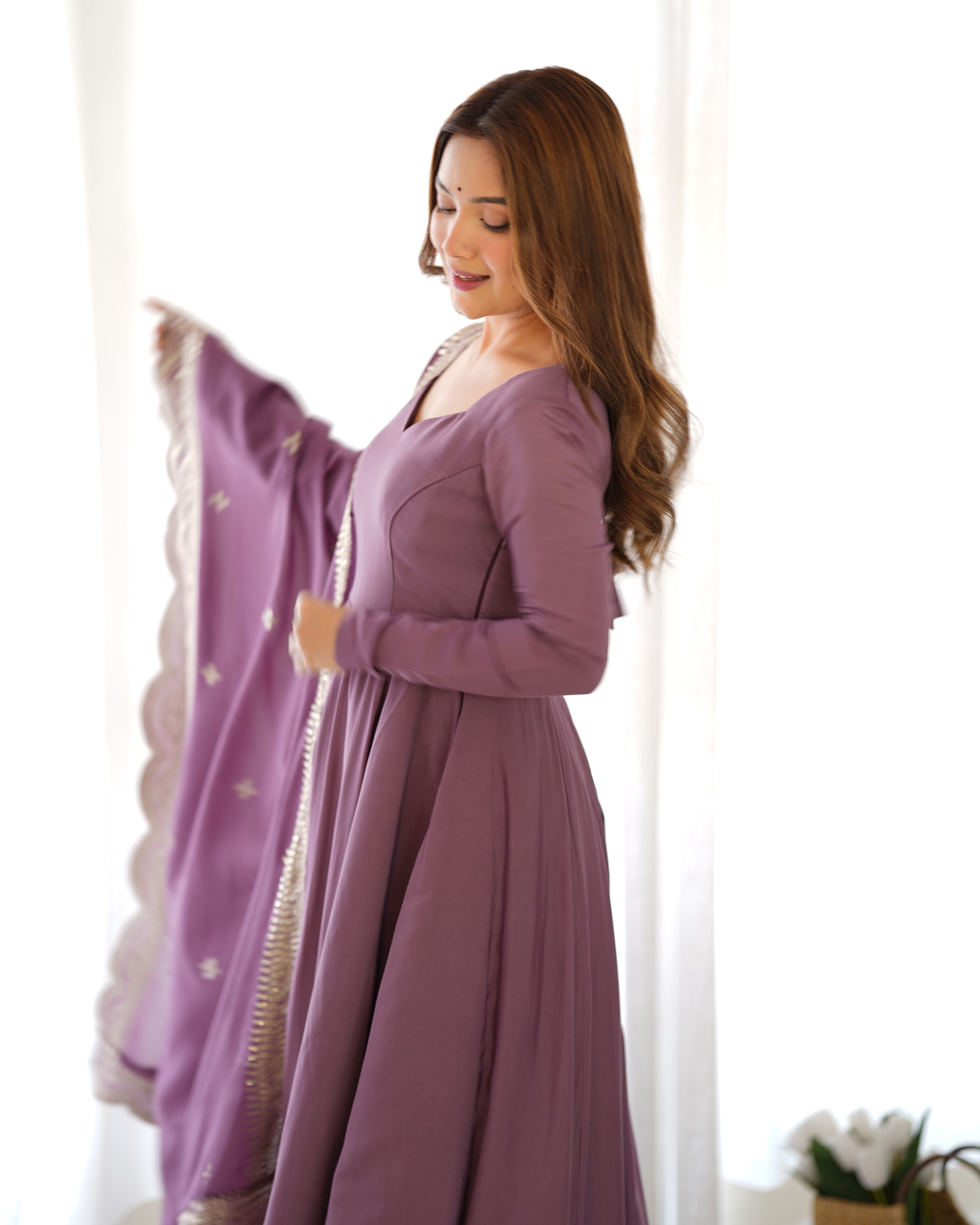 Mauve Roman Silk Chanderi Anarkali with Dupatta & Stitched Pants