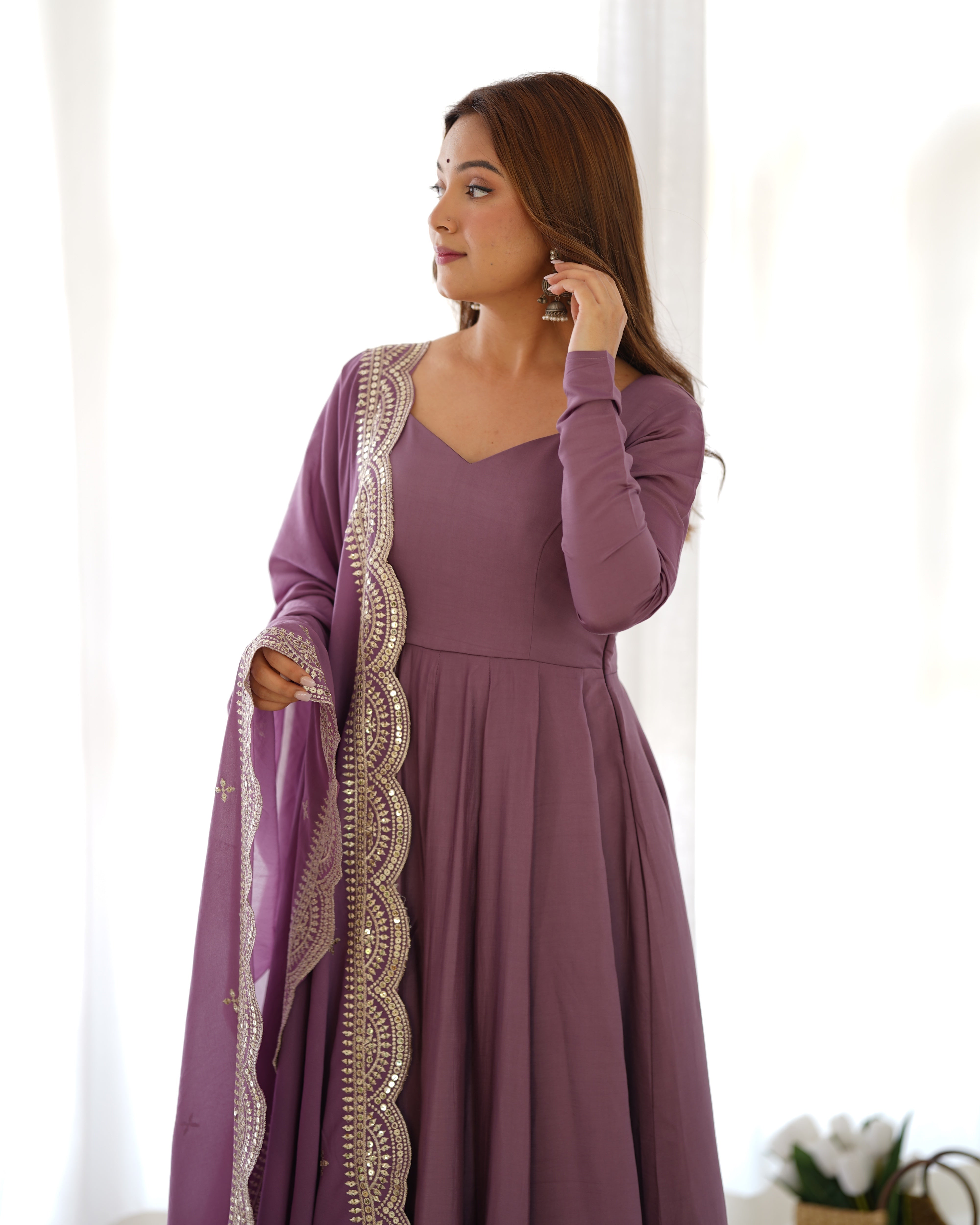 Mauve Roman Silk Chanderi Anarkali with Dupatta & Stitched Pants