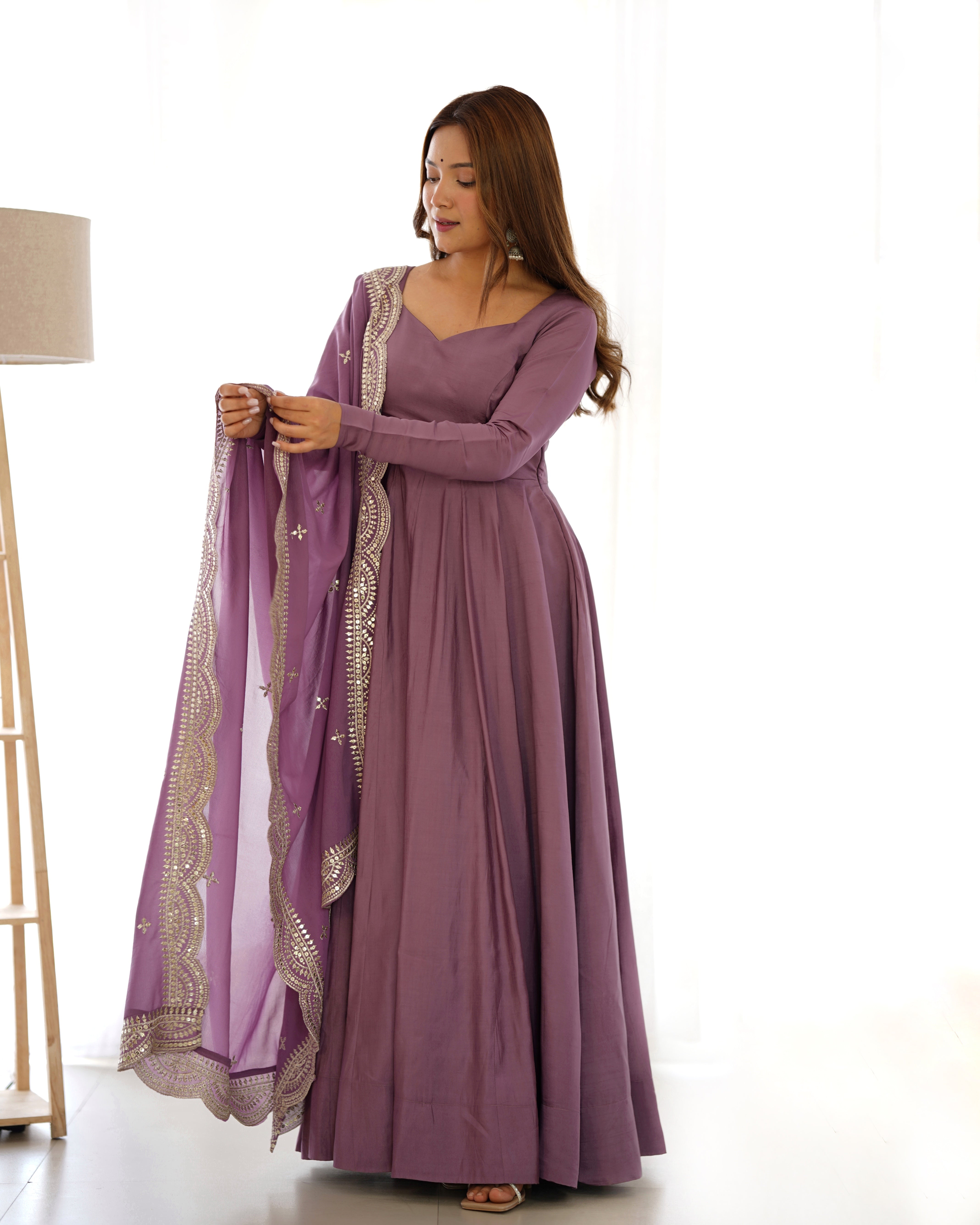 Mauve Roman Silk Chanderi Anarkali with Dupatta & Stitched Pants