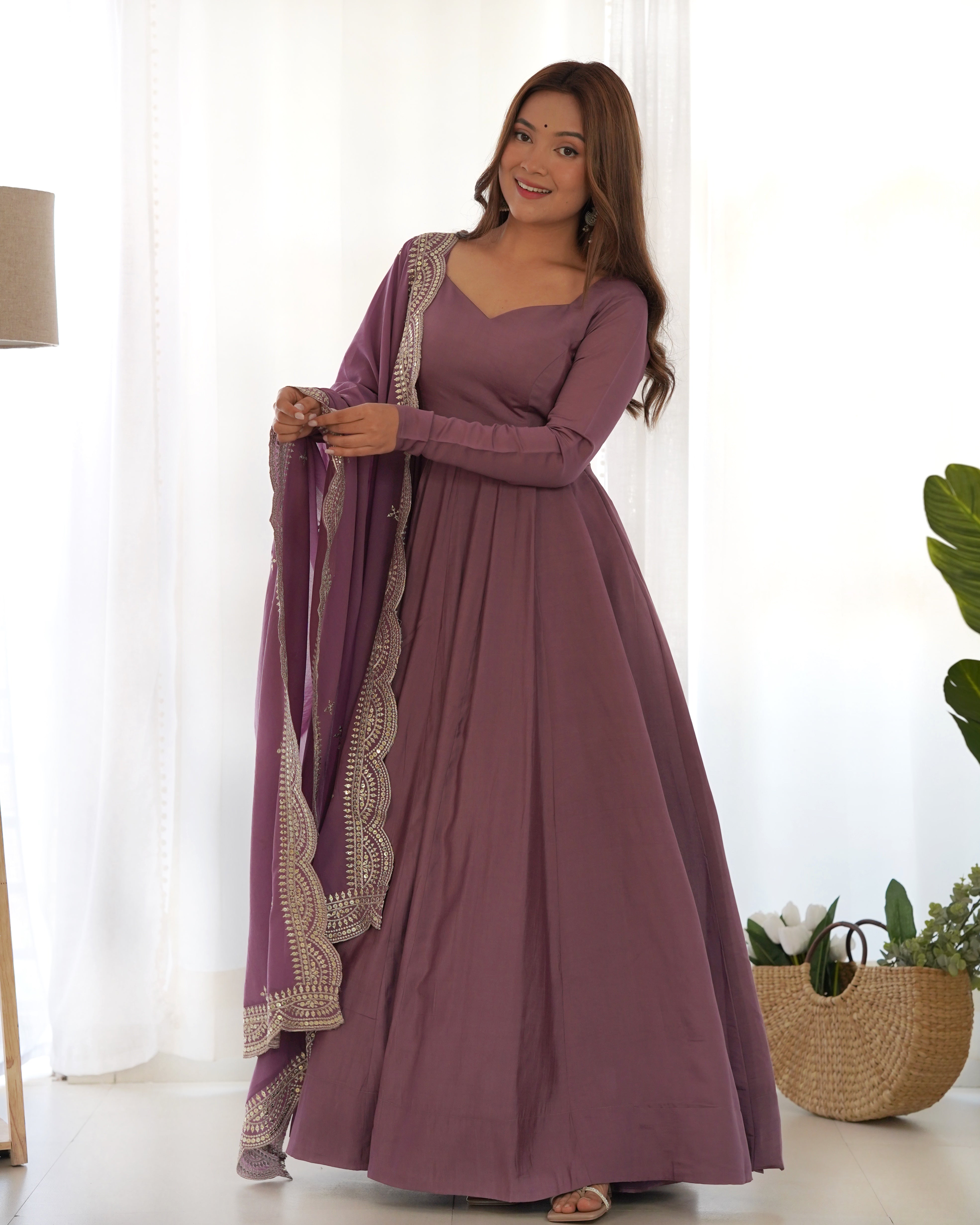 Mauve Roman Silk Chanderi Anarkali with Dupatta & Stitched Pants