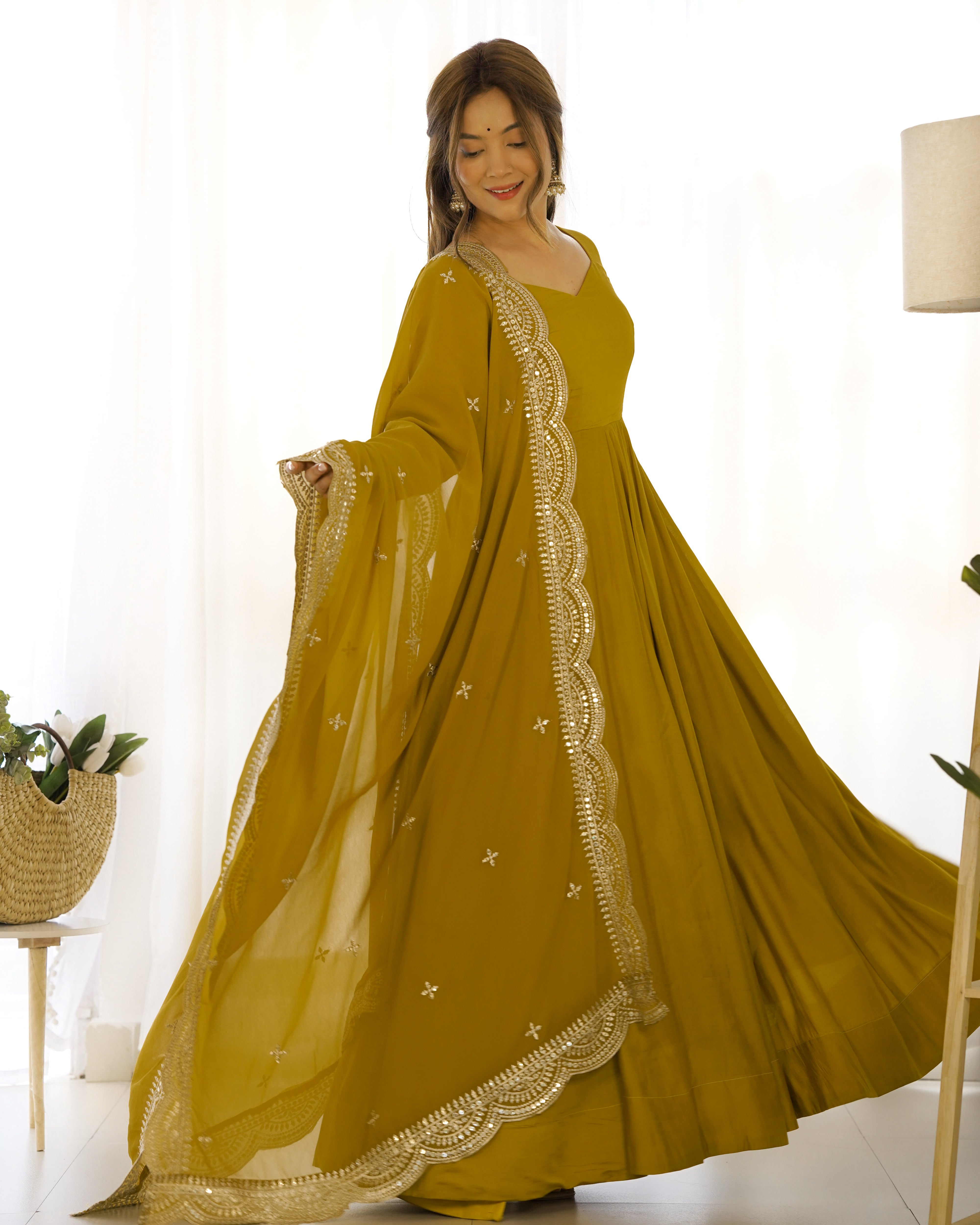 Musted Roman Silk Chanderi Anarkali with Dupatta & Stitched Pants