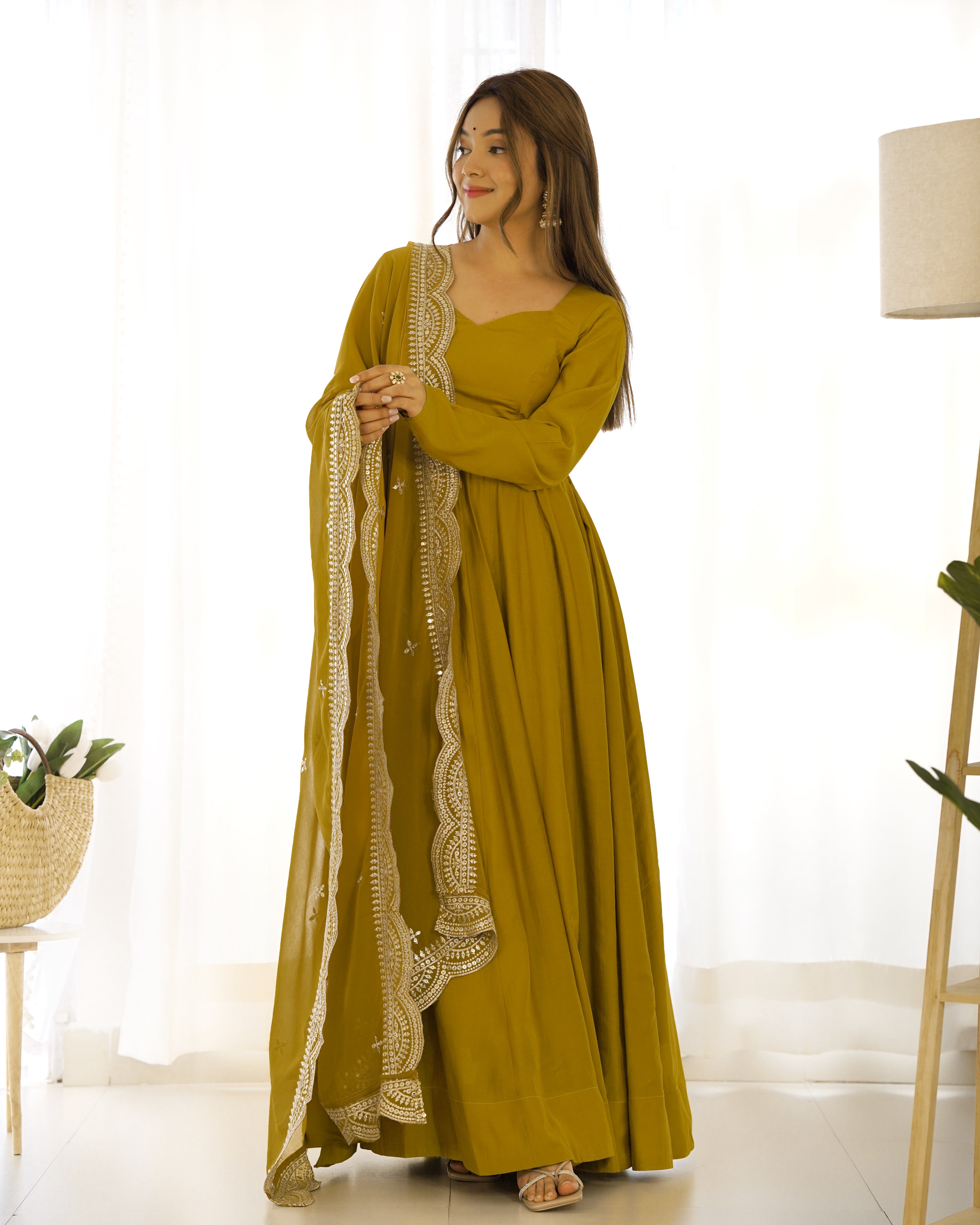 Musted Roman Silk Chanderi Anarkali with Dupatta & Stitched Pants