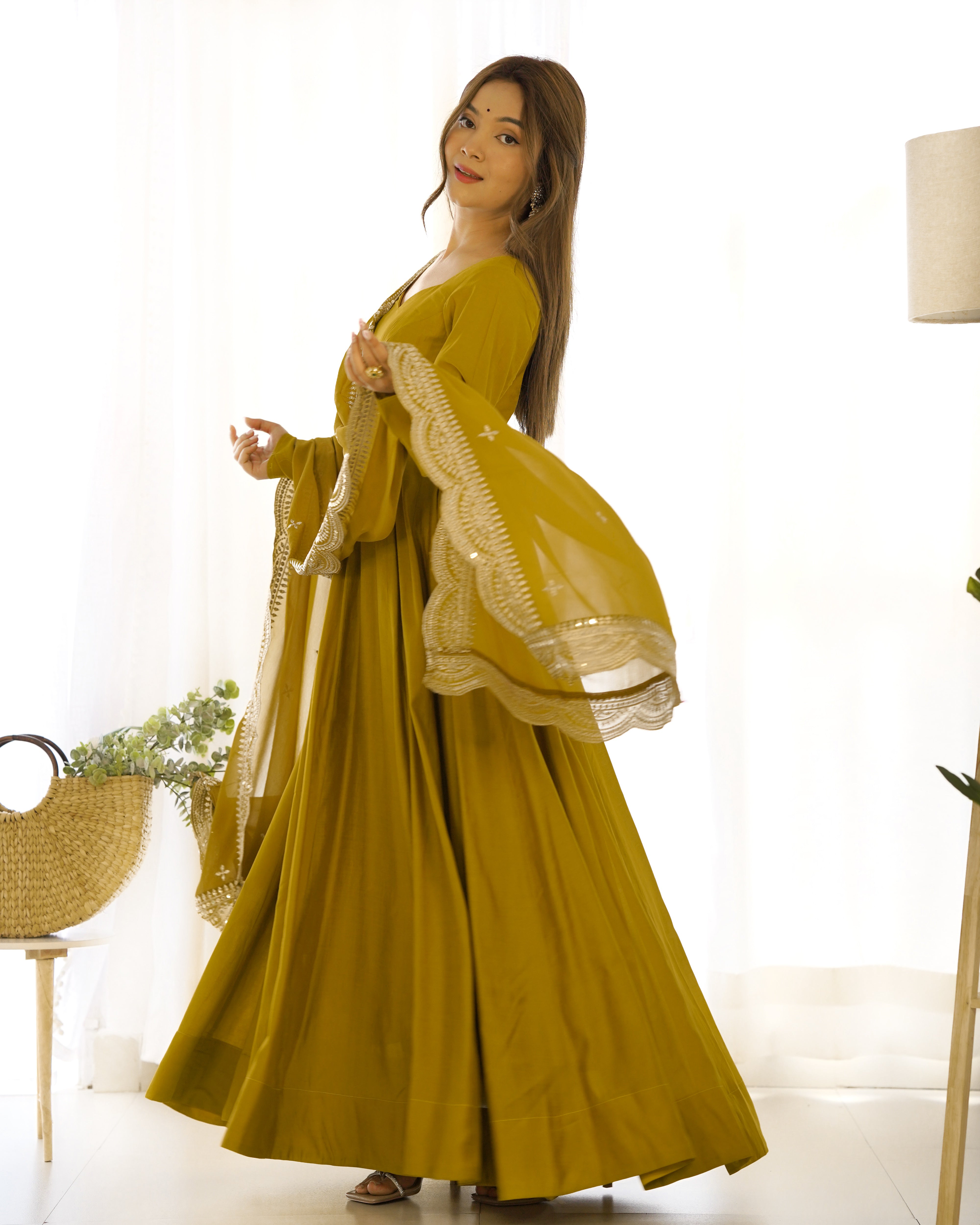Musted Roman Silk Chanderi Anarkali with Dupatta & Stitched Pants