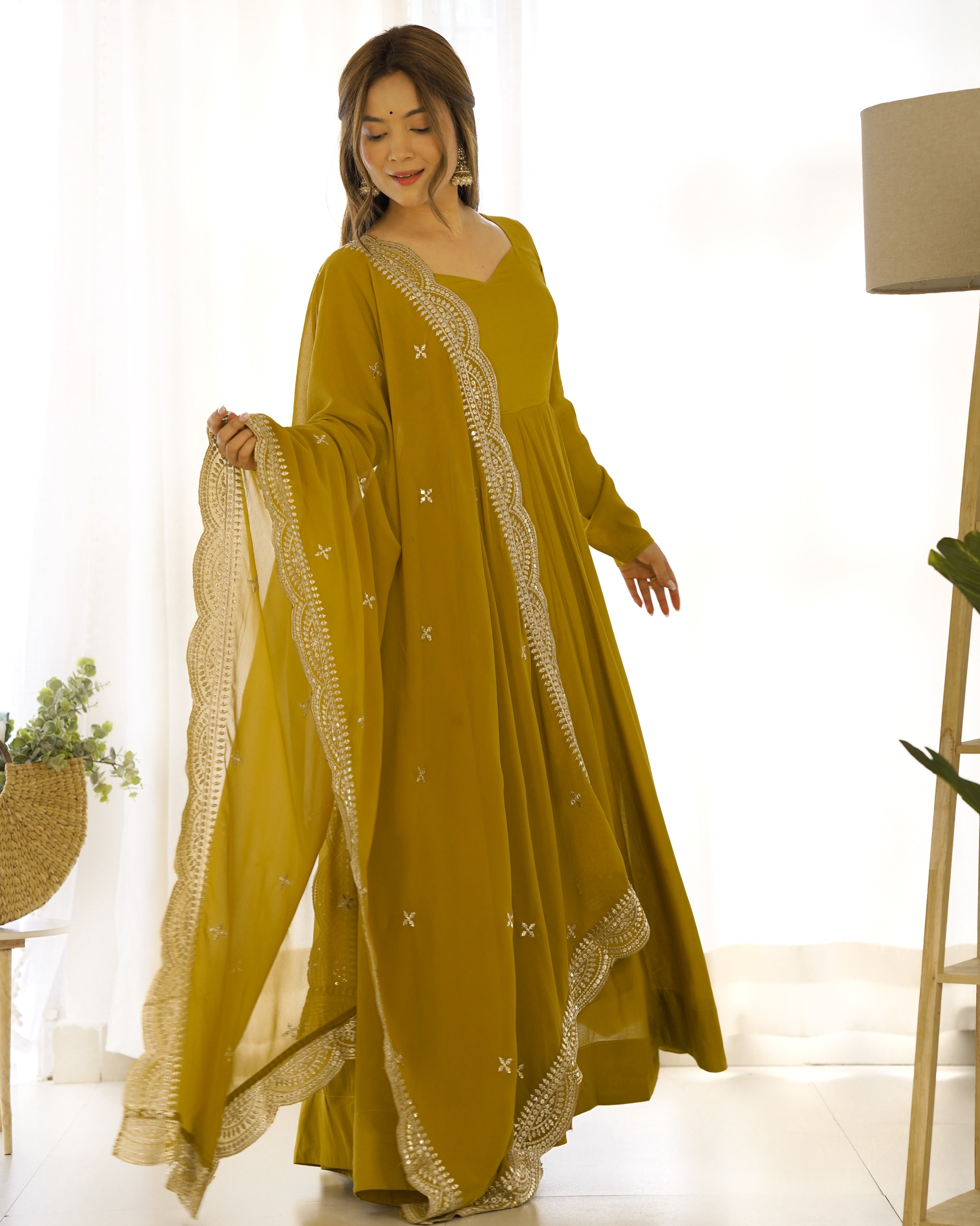 Musted Roman Silk Chanderi Anarkali with Dupatta & Stitched Pants