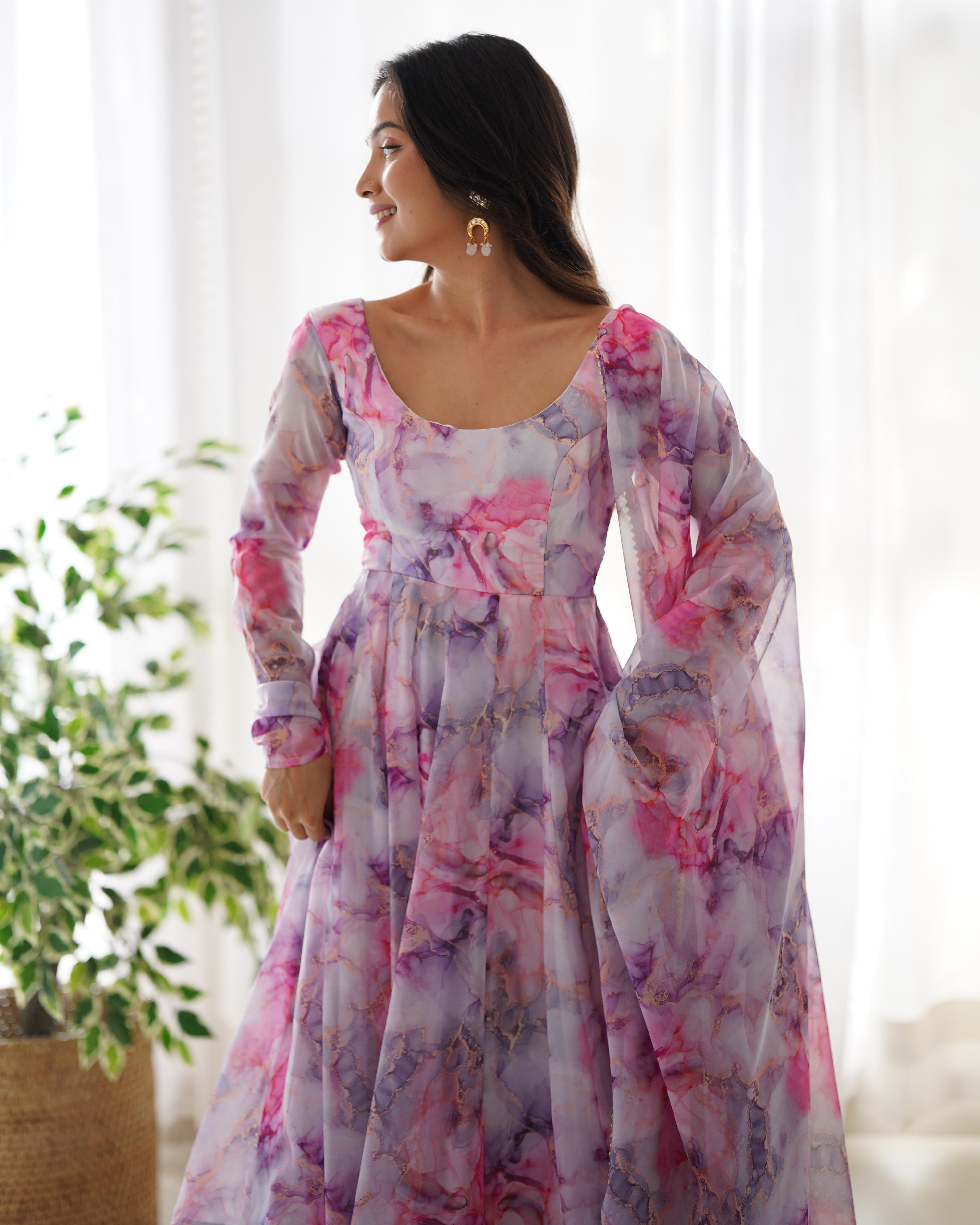 Pure Soft Organja Silk Fabric Fully Flair Kali Pattern