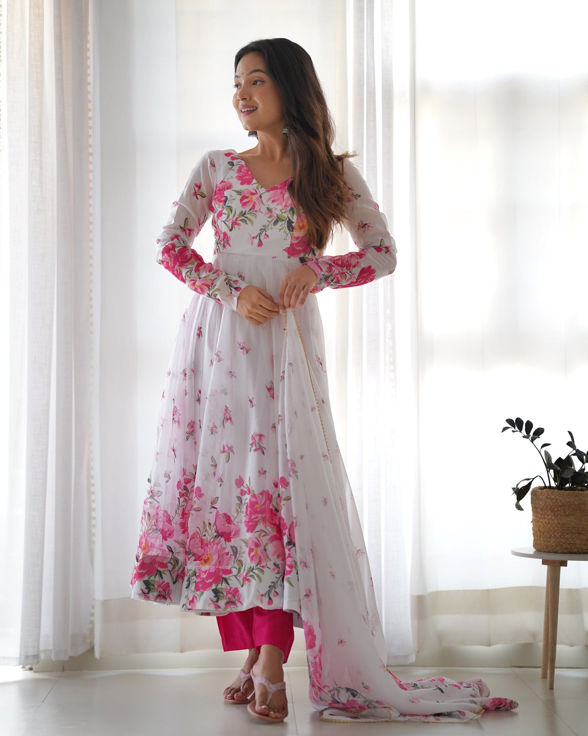 White Pure Soft Organza Silk Floral Print Fully Flair Anarkali