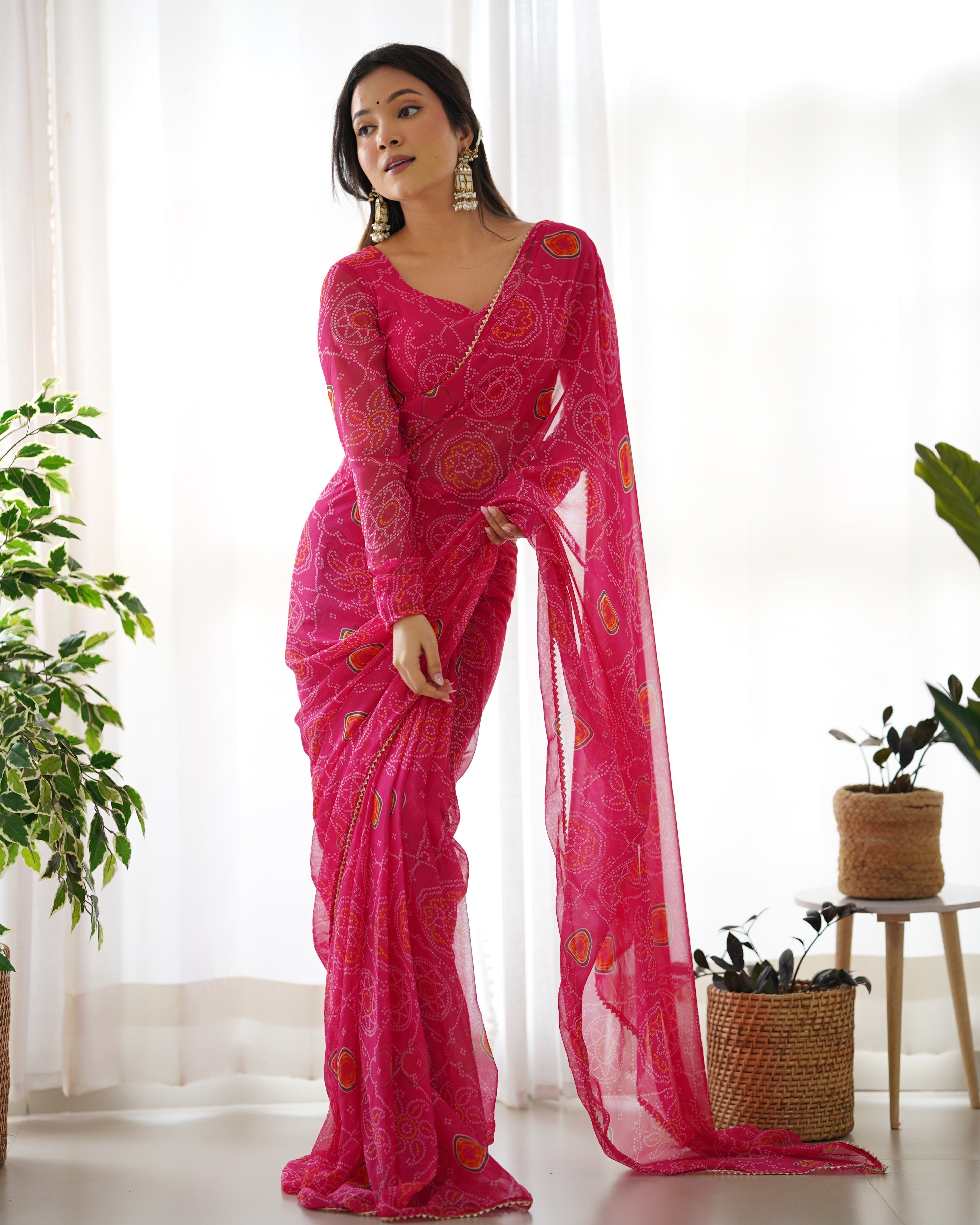 Pink Bandhej Chiffon Pre Drapped Saree