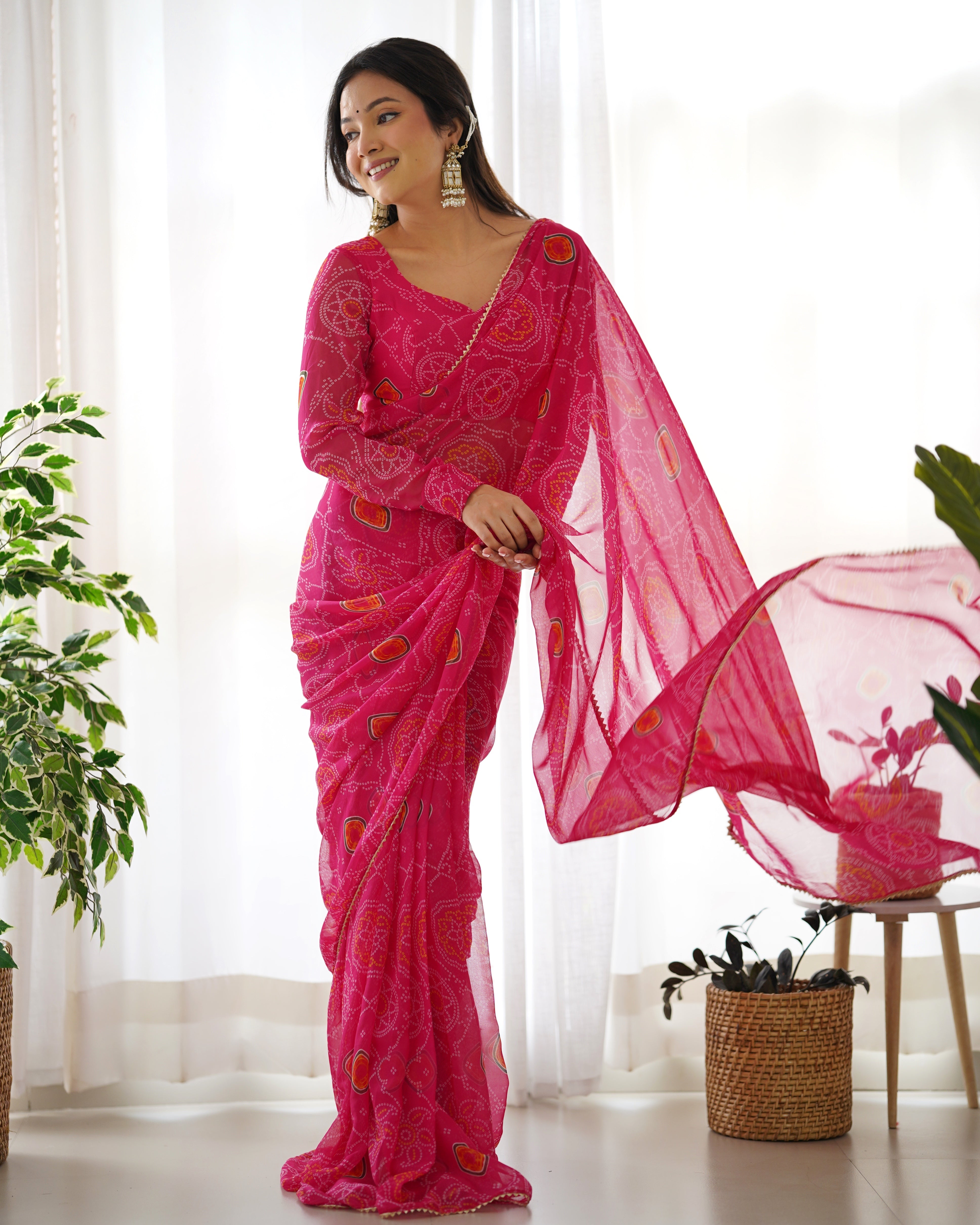 Pink Bandhej Chiffon Pre Drapped Saree
