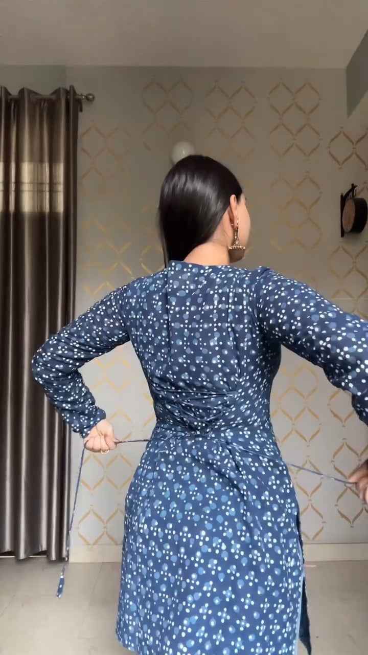 Floral Navy Blue Long Sleeve Kurti with Square Neck