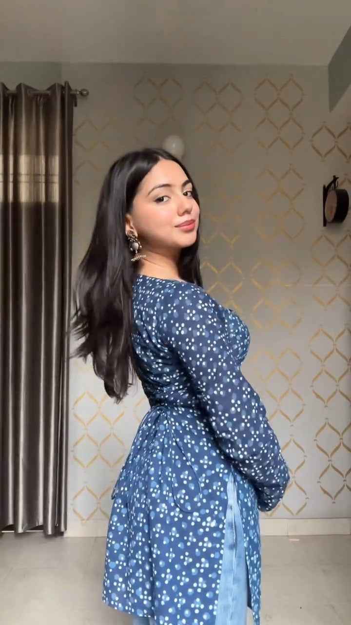 Floral Navy Blue Long Sleeve Kurti with Square Neck