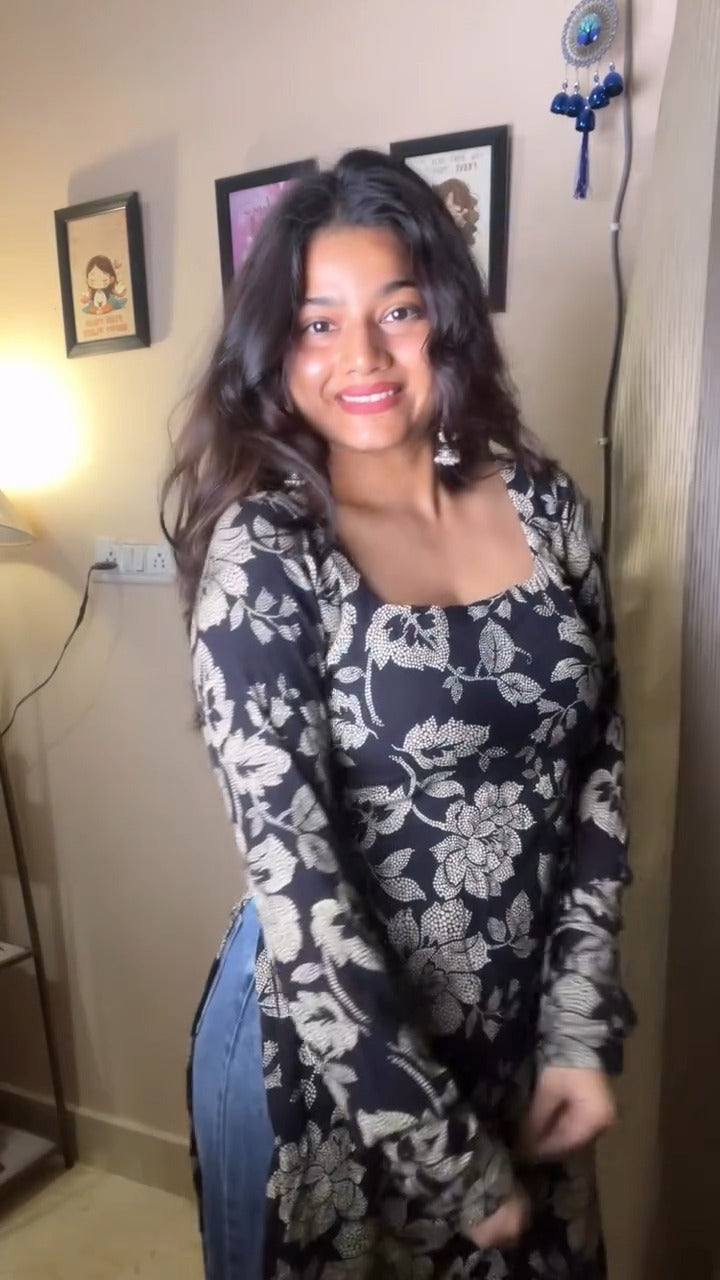 Long-sleeved, flared kurti( fabric is likely breathable, Poly rayon)