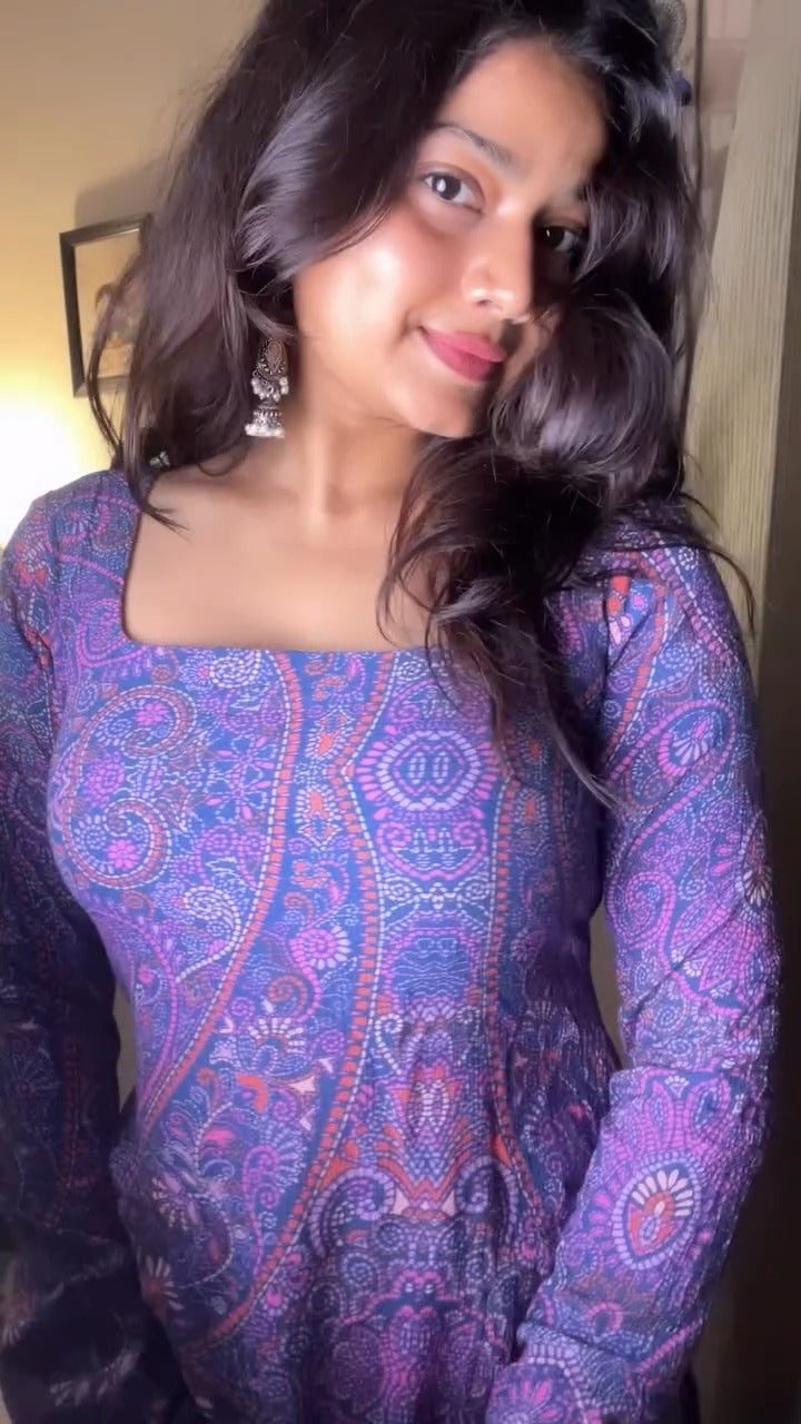 Long-sleeved, flared kurti( fabric is likely breathable, Poly rayon)