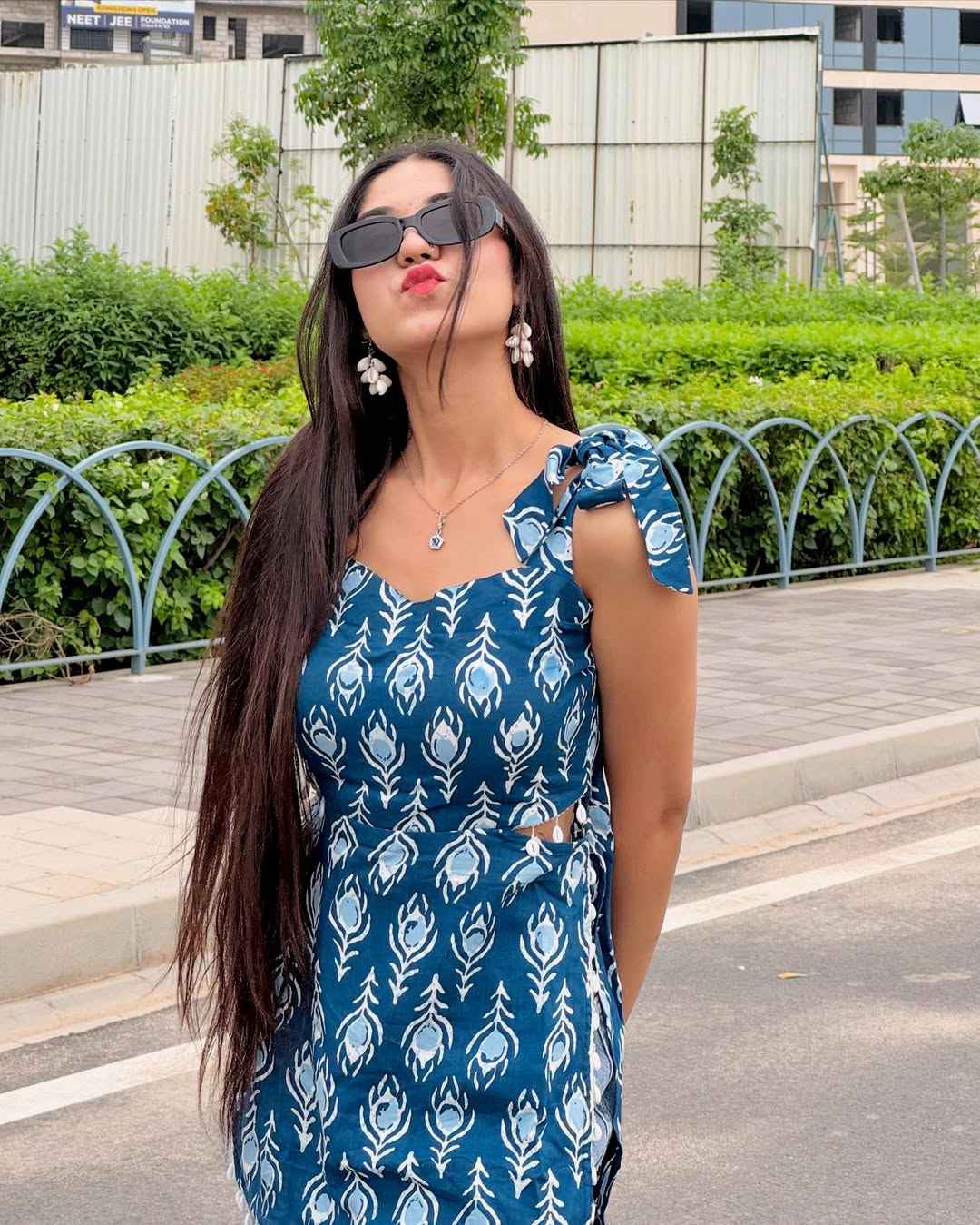 Chic Blue Printed Sleeveless Dress with Shoulder Tie(POLY REYON)