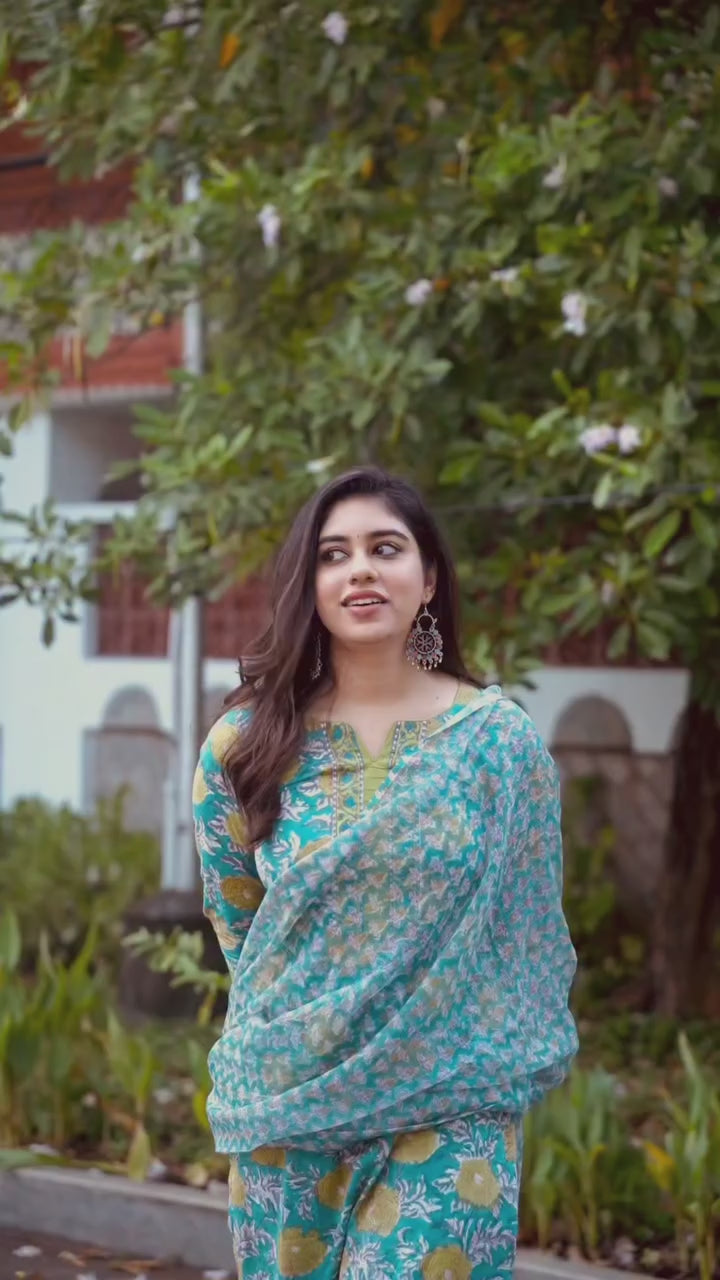 Ethnic Indian Wear Elegant Blue Floral Poly Reyon Suit for Women( fabric is likely breathable, Poly rayon)