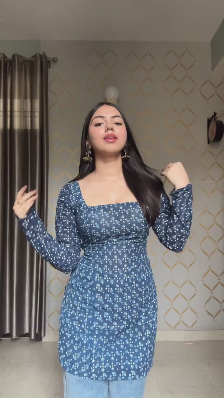 Floral Navy Blue Long Sleeve Kurti with Square Neck